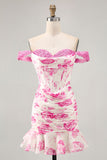 White Blue Flower Off the Shoulder Corset Satin Cocktail Dress with Ruffles
