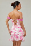 White Blue Flower Off the Shoulder Corset Satin Cocktail Dress with Ruffles