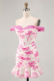 White Blue Flower Off the Shoulder Corset Satin Cocktail Dress with Ruffles