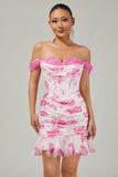 White Blue Flower Off the Shoulder Corset Satin Cocktail Dress with Ruffles