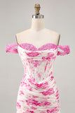 White Blue Flower Off the Shoulder Corset Satin Cocktail Dress with Ruffles