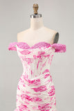 White Blue Flower Off the Shoulder Corset Satin Cocktail Dress with Ruffles
