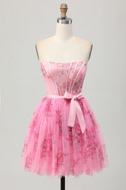 Pink Flower Strapless Corset Short Prom Dress with Bow