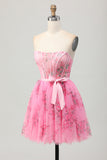Pink Flower Strapless Corset Short Prom Dress with Bow