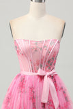Pink Flower Strapless Corset Short Prom Dress with Bow
