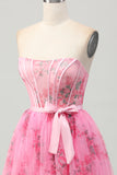 Pink Flower Strapless Corset Short Prom Dress with Bow