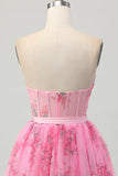 Pink Flower Strapless Corset Short Prom Dress with Bow
