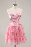 Pink Floral Strapless A-Line Corset Tiered Short Prom Dress