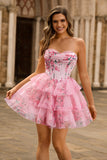 Pink Floral Strapless A-Line Corset Tiered Short Prom Dress