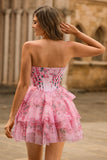 Pink Floral Strapless A-Line Corset Tiered Short Prom Dress