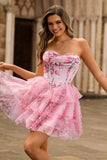 Pink Floral Strapless A-Line Corset Tiered Short Prom Dress