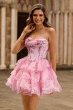 Pink Floral Strapless A-Line Corset Tiered Short Prom Dress