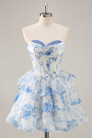 White Blue Flower Corset Tiered Short Prom Dress