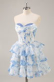 White Blue Flower Corset Tiered Short Prom Dress