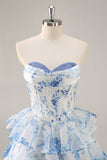 White Blue Flower Corset Tiered Short Prom Dress