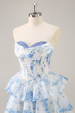 White Blue Flower Corset Tiered Short Prom Dress