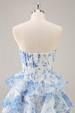 White Blue Flower Corset Tiered Short Prom Dress