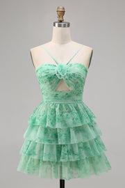 Green Floral Tiered Keyhole A Line Short Prom Dress