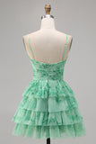 Green Floral Tiered Keyhole A Line Short Prom Dress