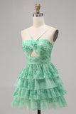Green Floral Tiered Keyhole A Line Short Prom Dress