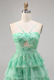 Green Floral Tiered Keyhole A Line Short Prom Dress