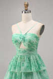 Green Floral Tiered Keyhole A Line Short Prom Dress