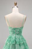 Green Floral Tiered Keyhole A Line Short Prom Dress