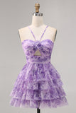 Green Floral Tiered Keyhole A Line Short Prom Dress