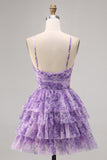 Green Floral Tiered Keyhole A Line Short Prom Dress