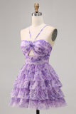 Green Floral Tiered Keyhole A Line Short Prom Dress