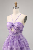 Green Floral Tiered Keyhole A Line Short Prom Dress