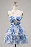 Green Floral Tiered Keyhole A Line Short Prom Dress
