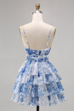 Green Floral Tiered Keyhole A Line Short Prom Dress