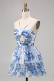 Green Floral Tiered Keyhole A Line Short Prom Dress