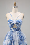 Green Floral Tiered Keyhole A Line Short Prom Dress
