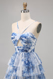Green Floral Tiered Keyhole A Line Short Prom Dress