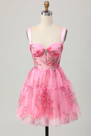 Pink Flower A Line Corset Short Prom Dress