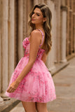 Pink Floral A-Line Spaghetti Straps Corset Cocktail Dress