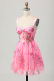 Pink Flower A Line Corset Short Prom Dress
