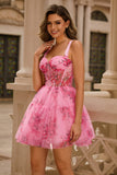 Pink Floral A-Line Spaghetti Straps Corset Cocktail Dress