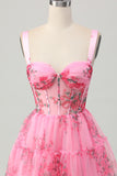 Pink Flower A Line Corset Short Prom Dress