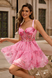Pink Floral A-Line Spaghetti Straps Corset Cocktail Dress