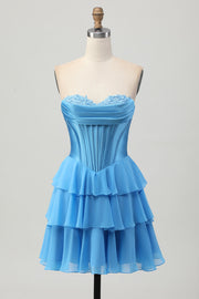 Blue Tiered Corset A Line Strapless Short Prom Dress
