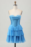 Strapless Fuchsia Corset Tiered A Line Short Prom Dress