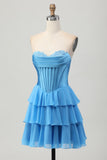 Fuchsia Strapless Corset Tiered A Line Short Prom Dress