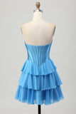 Fuchsia Strapless Corset Tiered A Line Short Prom Dress