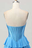 Fuchsia Strapless Corset Tiered A Line Short Prom Dress
