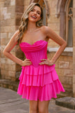 Strapless Fuchsia Corset Tiered A Line Short Prom Dress