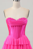 Blue Tiered Corset A Line Strapless Short Prom Dress