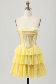 Yellow Strapless Corset A Line Tiered Cocktail Dress
